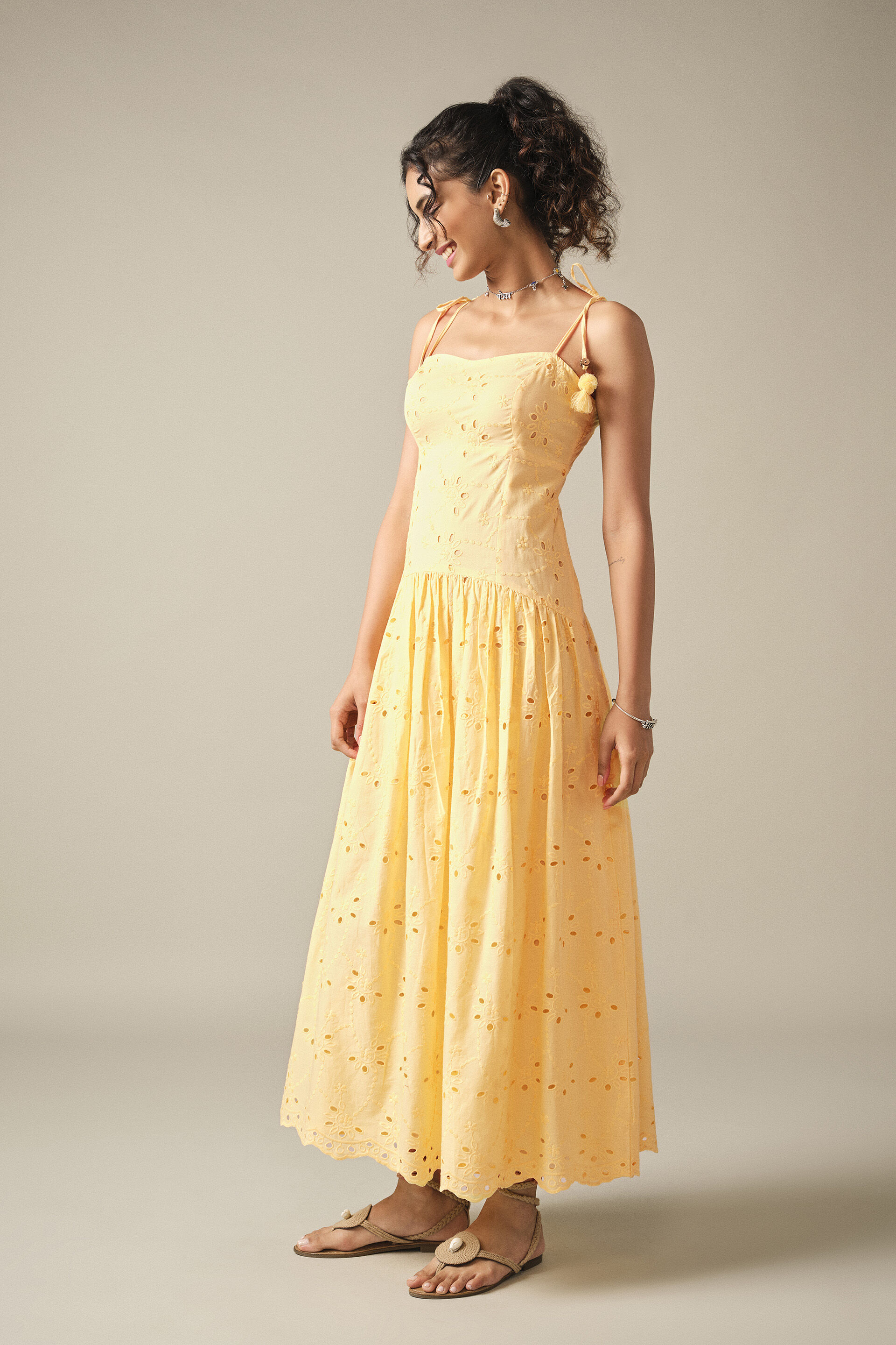 Drop Waist Cotton Summer Dress in Yellow, Yellow, image 5